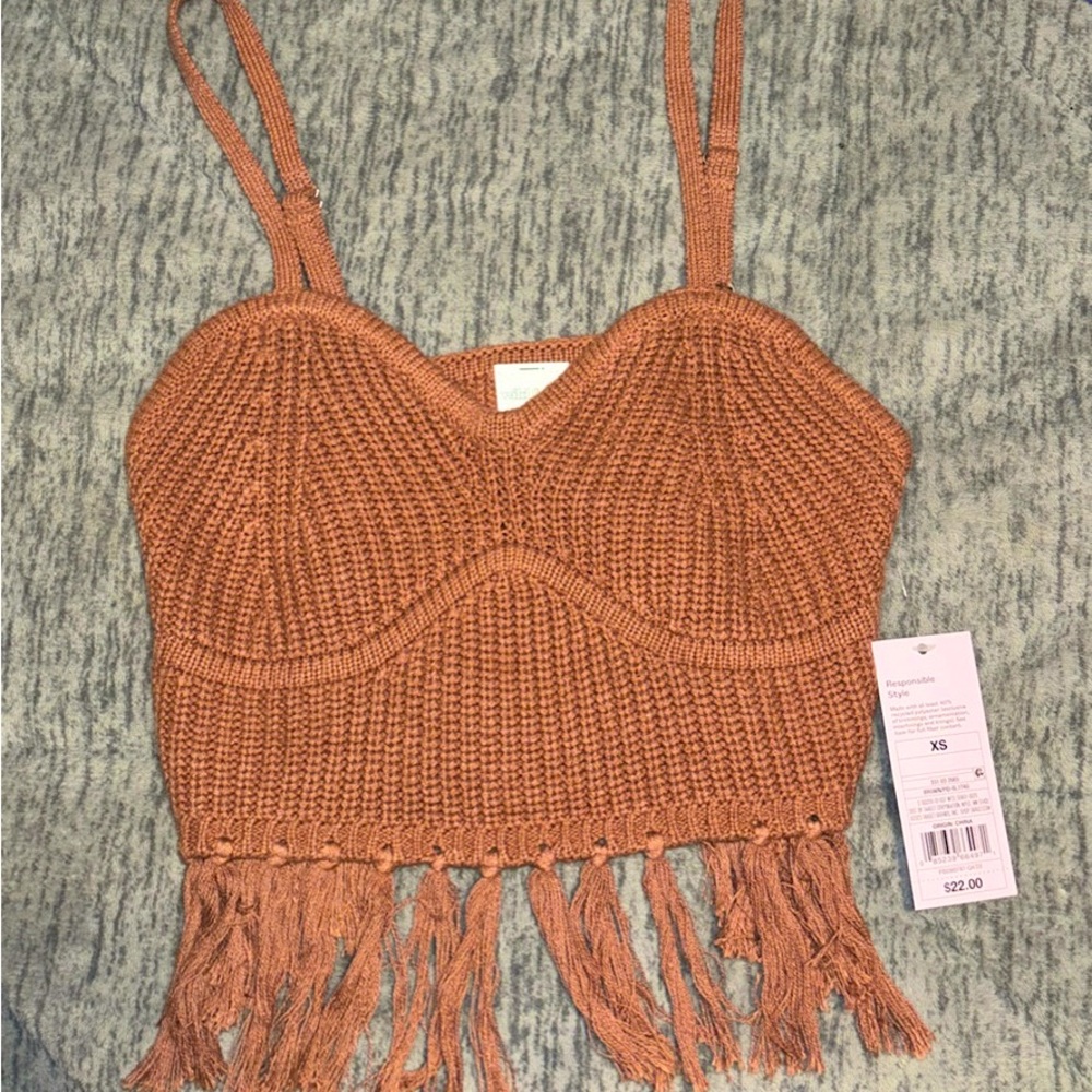 brown fringe crochet top